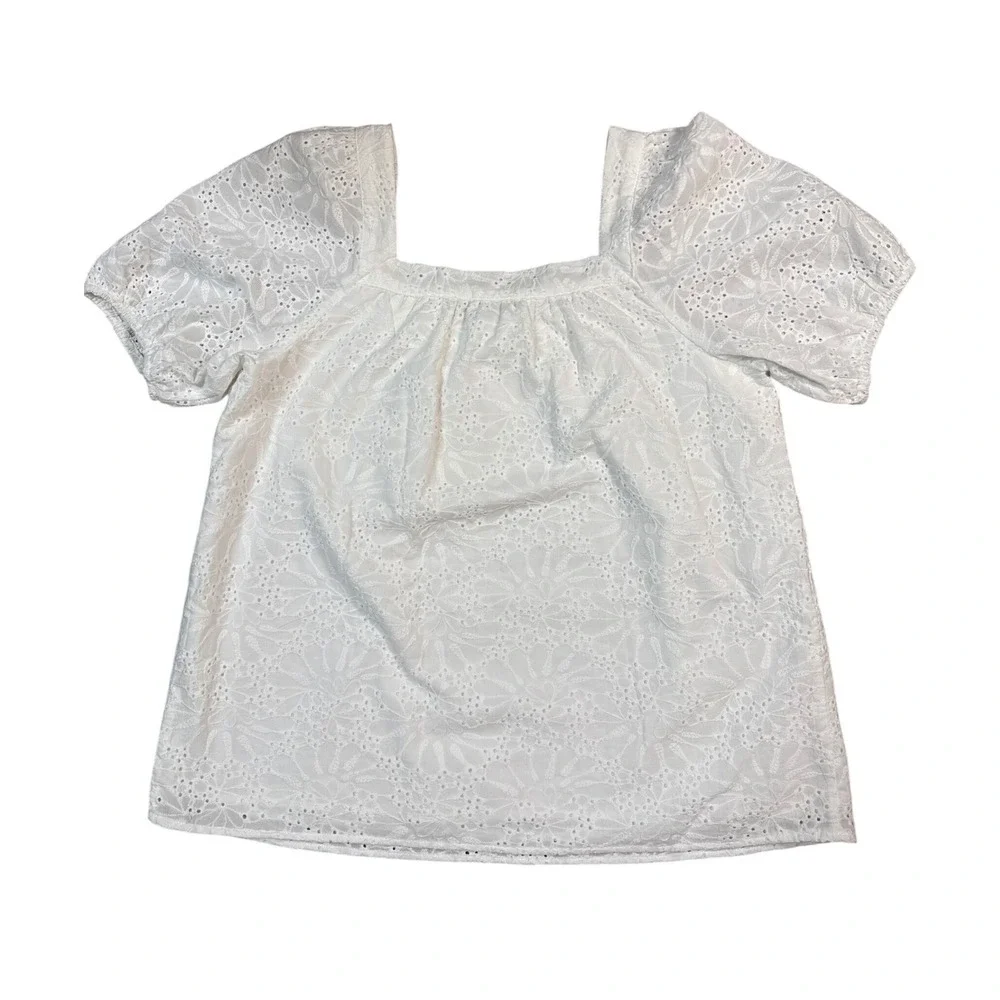 LOFT White Eyelet PuffSleeve Blouse Women Small 100%Cotton Coastal‎ Chic Preppy